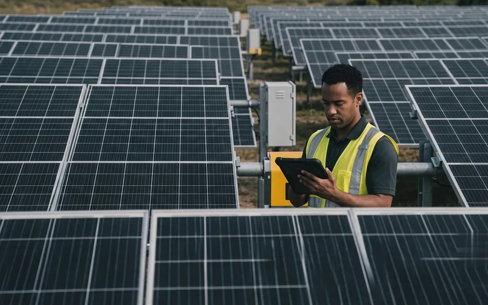Solar site manager reviewing operational data on a tablet among rows of solar panels.