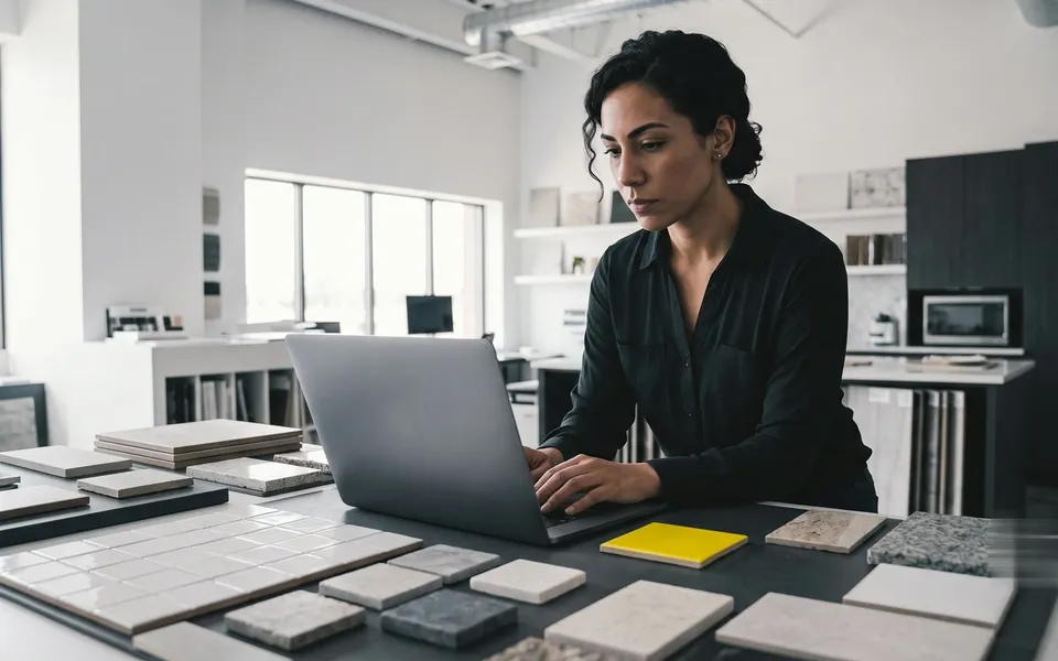 Tile distributor working on a laptop beside a selection of tile samples.