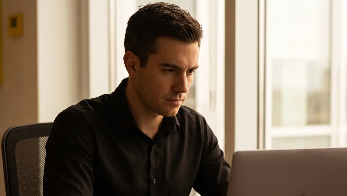 A founder working at a laptop with camera equipment, printed photo layouts and a yellow notebook on the desk, drafting content by hand.
